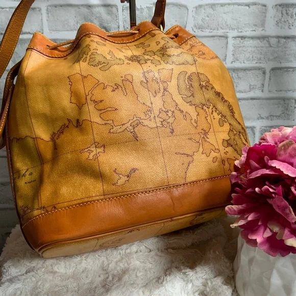Alviero Martini Tan Map Print Bucket Shoulder Bag